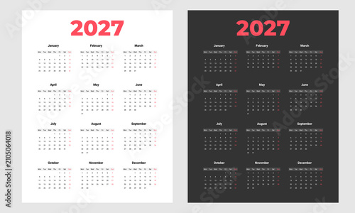 Full 2027 Yearly Calendar Template Set in Minimalist Light and Dark Modes, Monthly Grid Layouts from January to December with Red Accents and Monday Week Start Format.