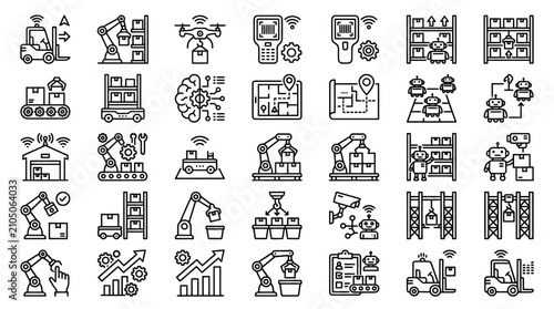 Smart manufacturing and logistics industry line icon set.
