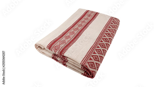 Photos Folded traditional ethnic patterned red white wool shawl textile isolated on tra