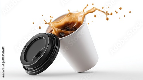 Takeaway Coffee Cup with Dynamic Coffee Splash and Floating Coffee Beans