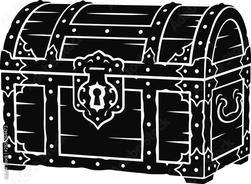 Black and white vector illustration of an antique treasure chest.