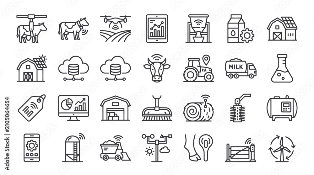 Fototapeta premium Smart farming agriculture and livestock line icons.