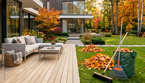 Autumn garden cleaning with piles of dry orange leaves on the lawn near a modern house patio