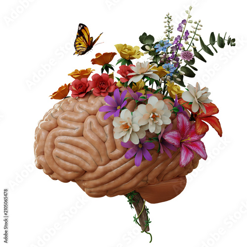 Brain blooming with colorful flowers and butterfly symbolizing creativity, mental growth and emotional wellbeing