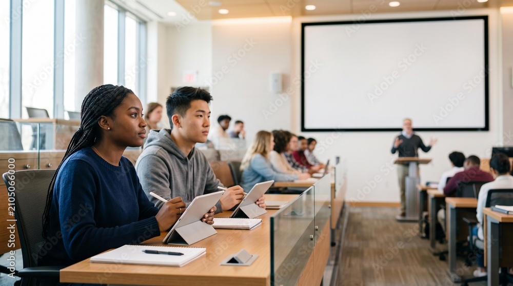 Fototapeta premium Diverse group of university students attending a lecture in a modern classroom setting.