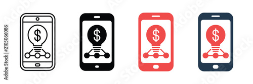 Mobile crowdfunding icon set with lightbulb and dollar sign, smartphone investment app symbols, digital finance and startup funding vector graphics