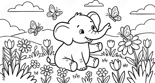 Obraz na plátně Cute baby elephant playing with butterflies in meadow