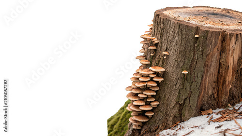 Bild auf Leinwand Natural tree log segment with wild mushrooms fungi growing isolated on transpare