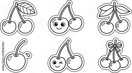 Cute Cartoon Cherry Fruit Sticker Set Line Art Coloring Page for Kids Activity Sheet Vector Illustration