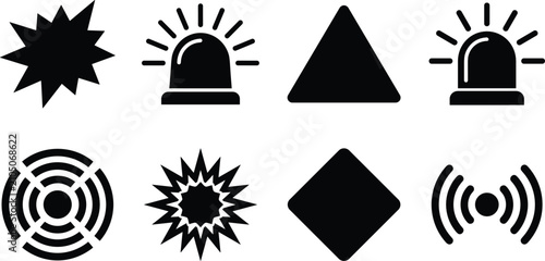 Obraz na płótnie Emergency warning sign and alarm siren silhouette icon set isolated on white bac