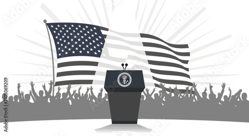 American podium with flag with grayscale illustration podium microphones nationalism patriotism government leadership politics election with protest