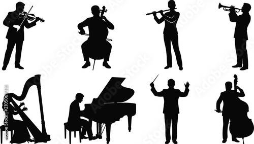 Foto Symphony orchestra musicians silhouette set with conductor and classical instrum