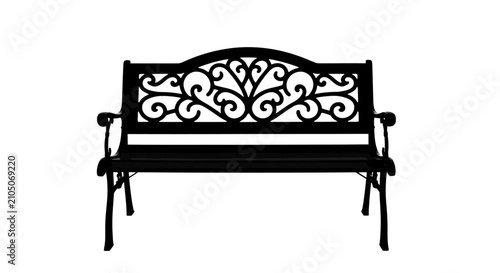 фотографія Ornate black metal bench with floral design with set against plain white backgro