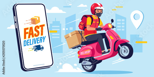 Quadro su tela E-commerce instant order tracking template, Express food delivery boy on motor b