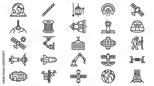 Obraz na płótnie Space logistics and orbital cargo transport icon collection.