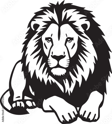 Foto A majestic lion, with a powerful mane and intense gaze, rests regally, embodying strength and courage