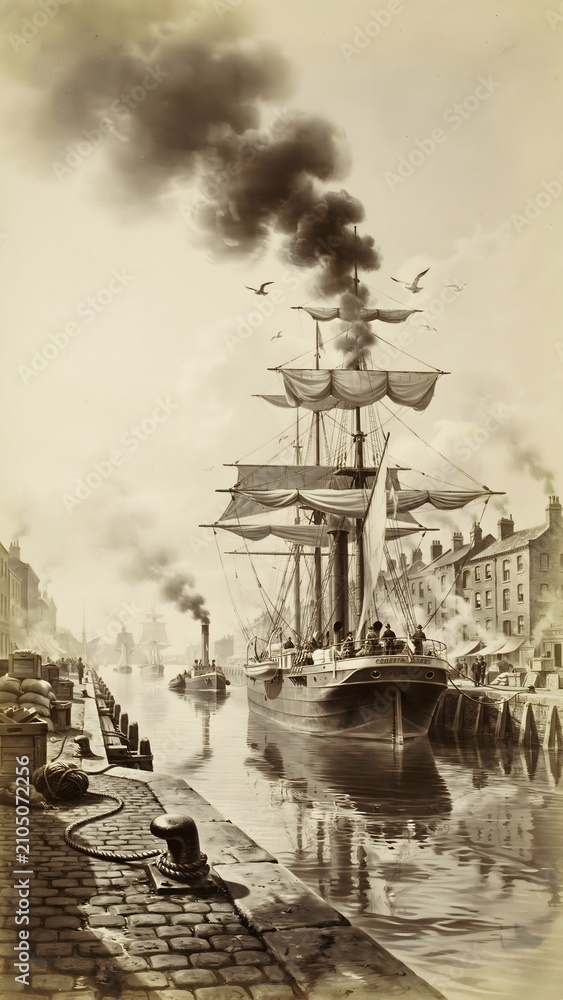 Fototapeta premium Vintage Harbor Scene with Sailing Ship, Waterfront Buildings, and Smoke