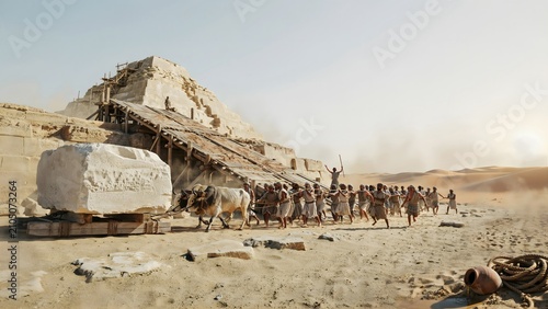 Ancient Egyptian Pyramid and Tomb Site with Workers in Desert Sunlight