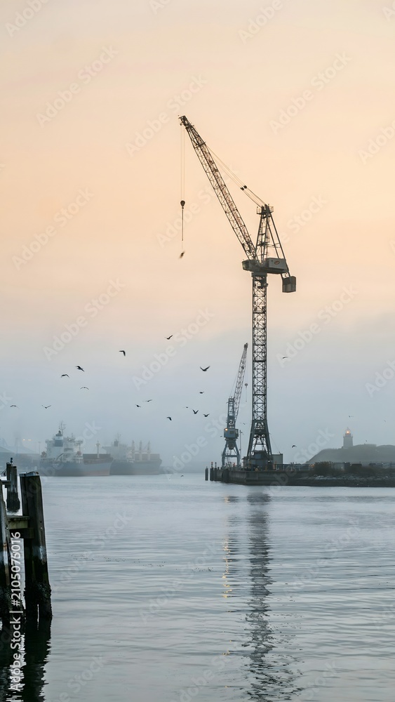 Fototapeta premium Construction Crane on Waterway at Sunset with Ships and Birds in the Background