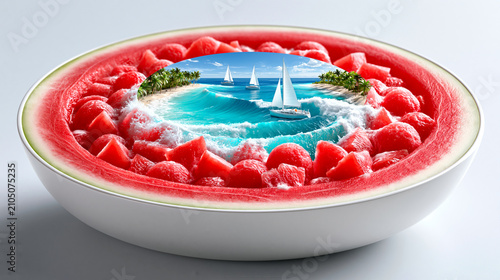 A halved watermelon filled with diced watermelon and a tropical beach scene with sailboats