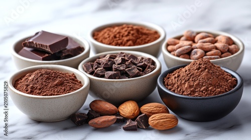 Assorted chocolate ingredients in small bowls on marble