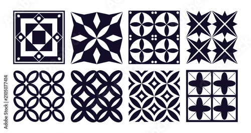 Foto Abstract Geometric Patterns Collection: A compilation of eight distinct, monochrome geometric tile designs, showcasing a variety of symmetrical and repeating motifs for creative applications