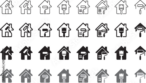 Set of black and grey vector house painting icons featuring brushes and rollers for professional home renovation work on transparent background