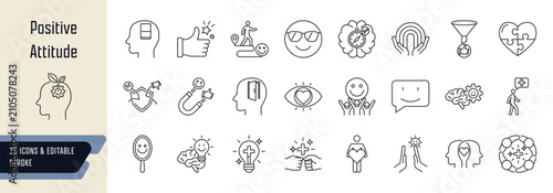 Positive attitude line icons collection, 25 editable stroke symbols  