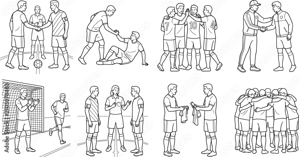 Fototapeta premium Soccer Team Sportsmanship Line Art Vector Set with Fair Play and Teamwork Moments