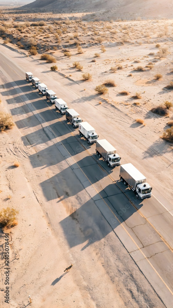 Fototapeta premium Convoy of Delivery Trucks Traveling Through Arid Desert Landscape at Sunset