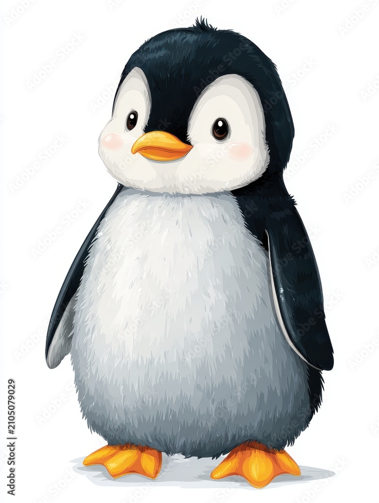 Fototapeta premium Cute Baby Penguin Illustration With Soft Fur And Bright Orange Feet Isolated On White Background