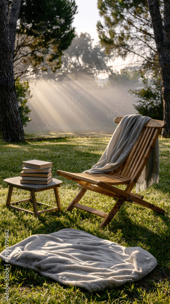 Fototapeta premium Wooden chair blanket sunlight garden morning peaceful outdoor reading relaxation nature