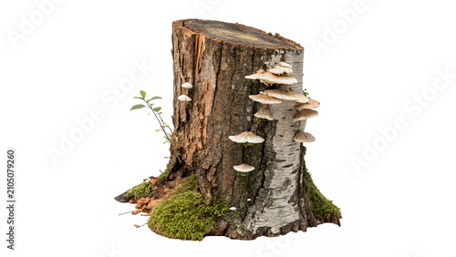 Bild auf Leinwand Natural tree log segment with wild mushrooms fungi growing isolated on transpare