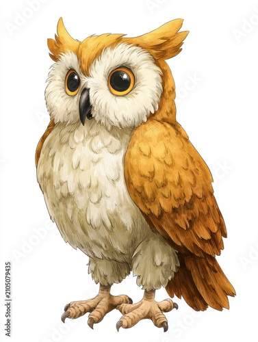 Cute Little Brown Owl Character With Large Reflective Eyes Standing Isolated On White Background