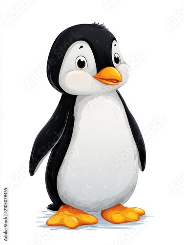 Cute Little Cartoon Penguin Character With Orange Feet And Beak On A Pure White Background