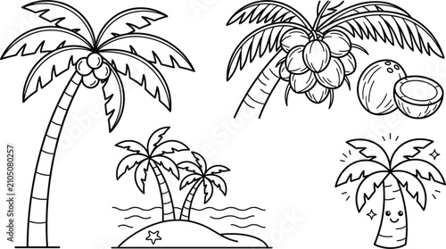 Cute Cartoon Coconut Palm Tree Coloring Page Vector Illustration with Tropical Beach Island Scenes for Kids Activities