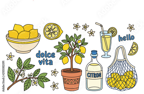 Lemon doodle icon set with tree bowl and citron bottle illustration