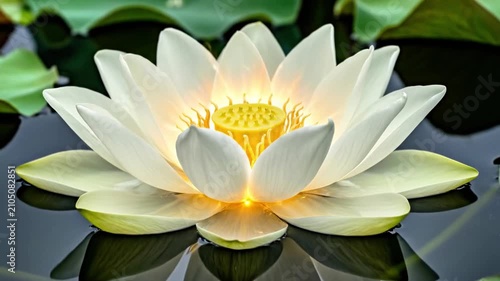 White lotus flower blooming on calm dark water.