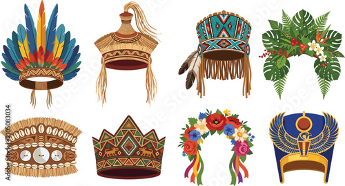 Collection of traditional cultural headdresses and ceremonial crowns from around the world including Native American, Egyptian, and tropical designs