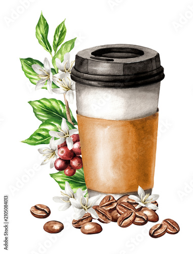 Coffee to go paper cup with coffee beans and branch with flowers and berries. Original Hand-painted watercolor illustration,  isolated on white background
