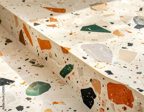 Close-up of classic terrazzo flooring with warm ivory cement and colorful stone chips