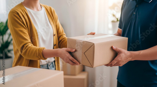 Delivery person hands a package to a customer receiving a parcel