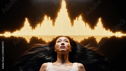 Woman looking up at golden digital equalizer sound bar.