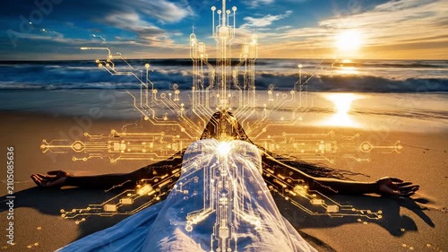 Woman lying on beach with glowing chest energy.
