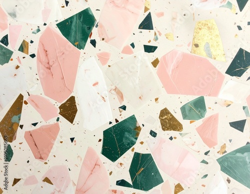 Elegant terrazzo texture with large marble and stone pieces in emerald green, blush pink, white and gold accents on cream background, luxurious abstract pattern with natural mineral fragments