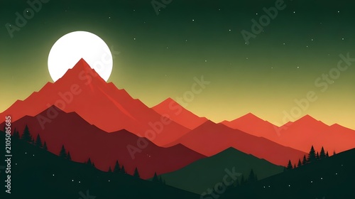 Minimalist mountain landscape with a large moon rising over red peaks