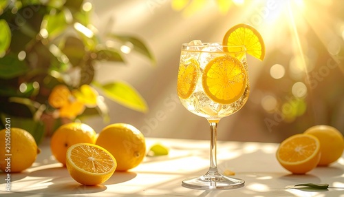 A glass of firefly luxury yuzu spritz is filled with ice cubes and fresh yuzu slices. It is placed on a table surrounded by whole and sliced yuzu fruit in a bright setting