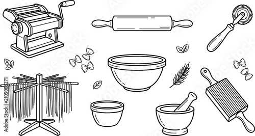 Bild auf Leinwand Pasta making tools icons set featuring pasta machine rolling pin drying rack mix