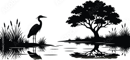 Fotografía Silhouette of a heron tree and cattails against a white background bird crane eg