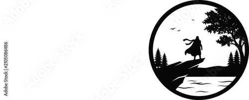 Bild auf Leinwand Silhouette of a figure overlooking a landscape within a circular frame on a whit